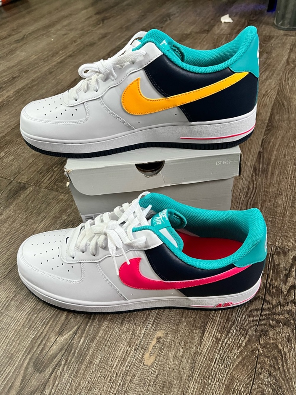 Nike Air Force 1 Low White with Teal, Yellow & Pink Accents